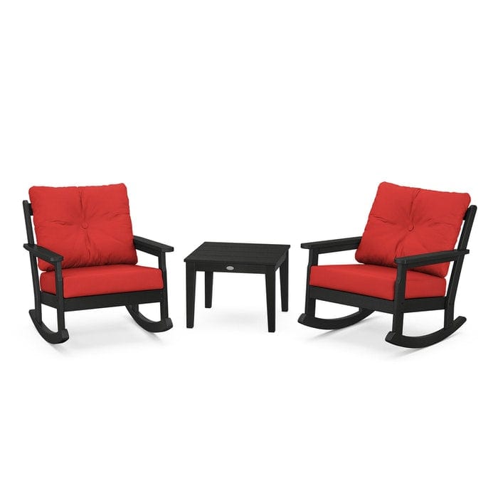 Polywood Polywood Black / Crimson Linen Polywood Vineyard 3-Piece Deep Seating Rocking Chair Set