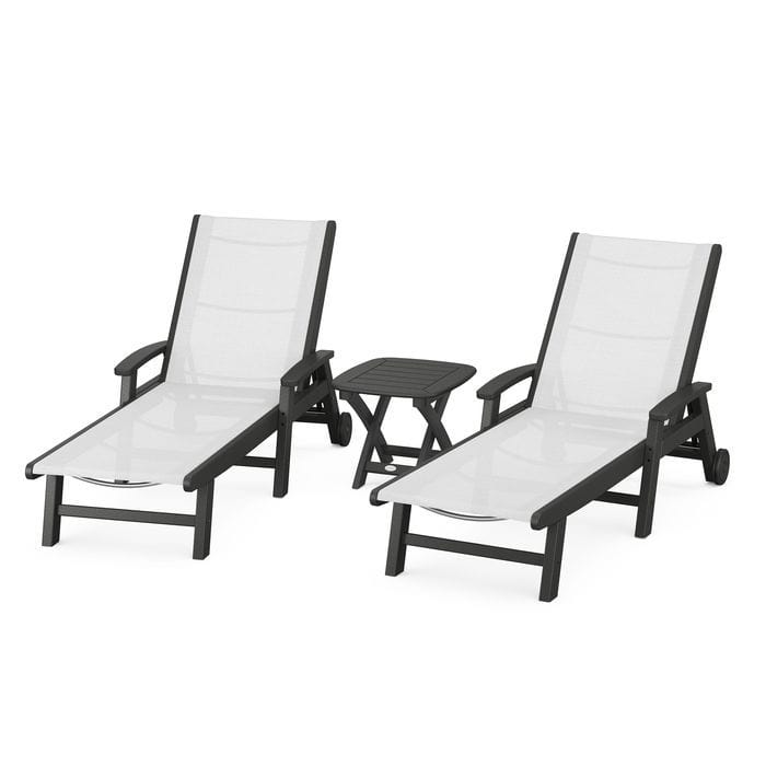Polywood Polywood Black / White Polywood Coastal 3-Piece Wheeled Chaise Set with Nautical Side Table