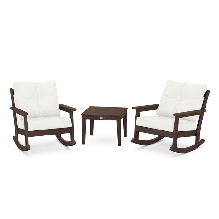 Polywood Polywood Mahogany / Natural Linen Polywood Vineyard 3-Piece Deep Seating Rocking Chair Set