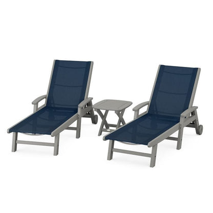 Polywood Polywood Slate Grey / Navy Blue Polywood Coastal 3-Piece Wheeled Chaise Set with Nautical Side Table