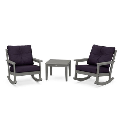 Polywood Polywood Slate Grey / Navy Linen Polywood Vineyard 3-Piece Deep Seating Rocking Chair Set