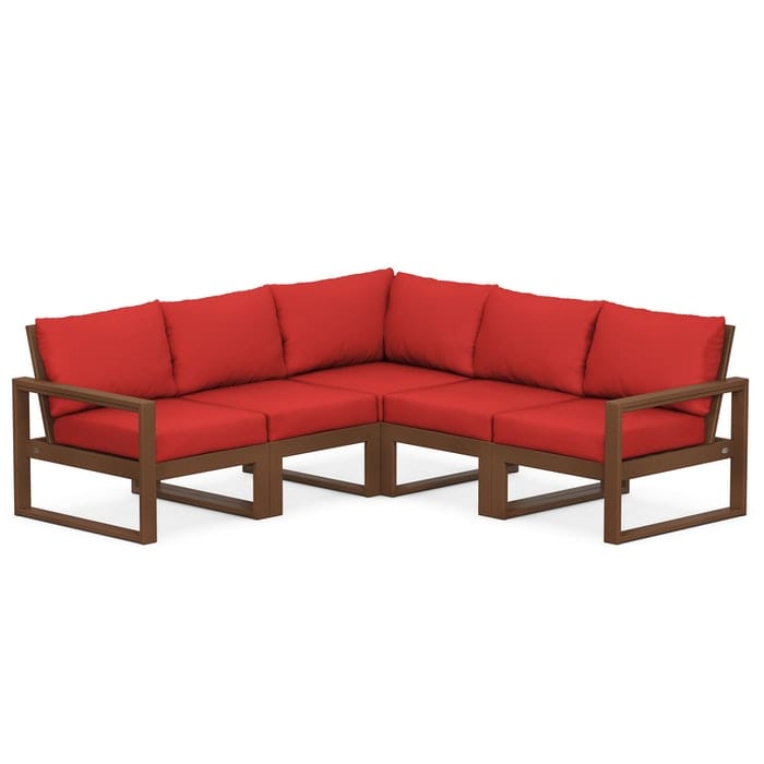 Polywood Polywood Teak / Crimson Linen Polywood EDGE 5-Piece Modular Deep Seating Set