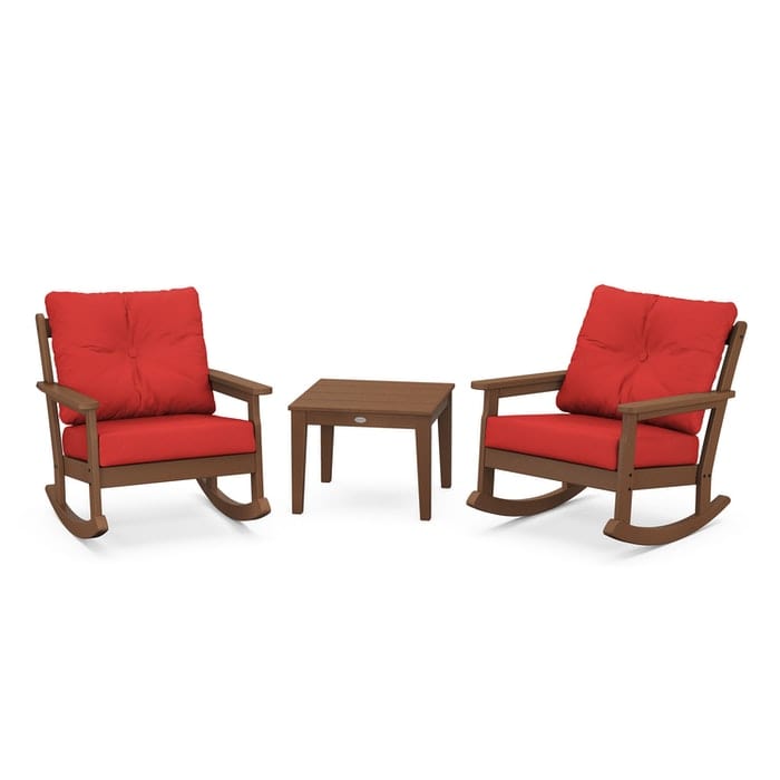 Polywood Polywood Teak / Crimson Linen Polywood Vineyard 3-Piece Deep Seating Rocking Chair Set