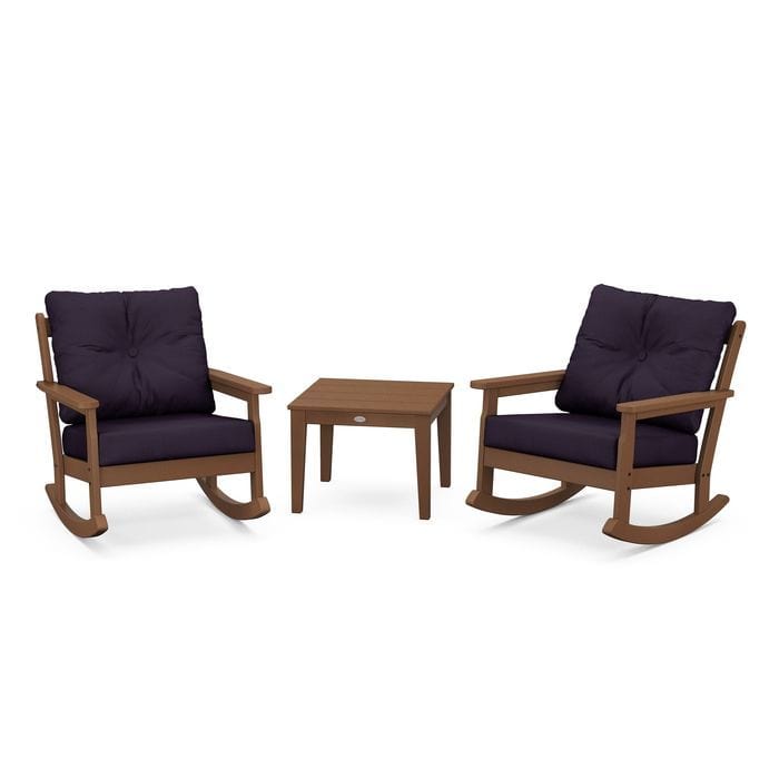 Polywood Polywood Teak / Navy Linen Polywood Vineyard 3-Piece Deep Seating Rocking Chair Set