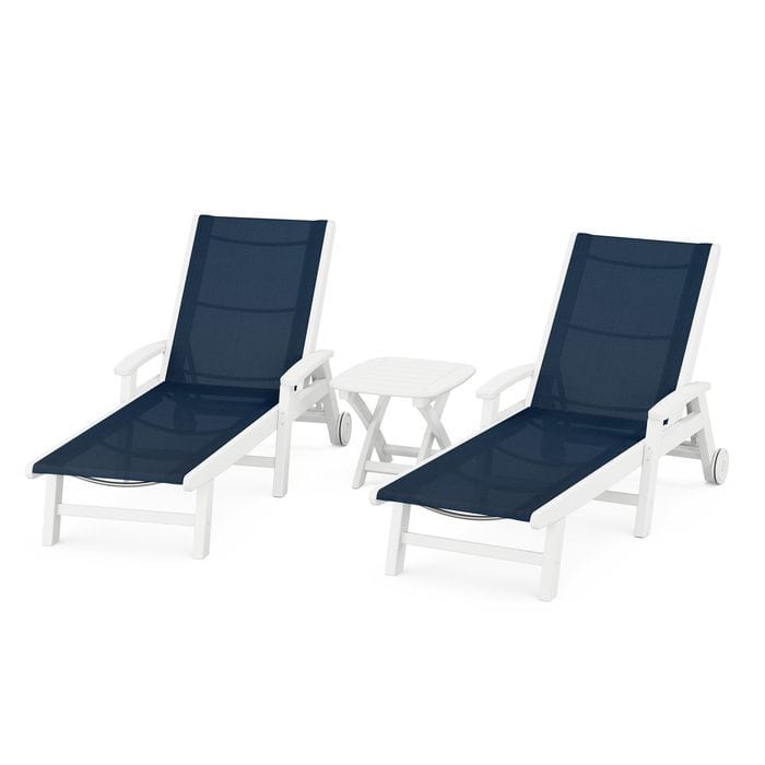 Polywood Polywood White / Navy Blue Polywood Coastal 3-Piece Wheeled Chaise Set with Nautical Side Table