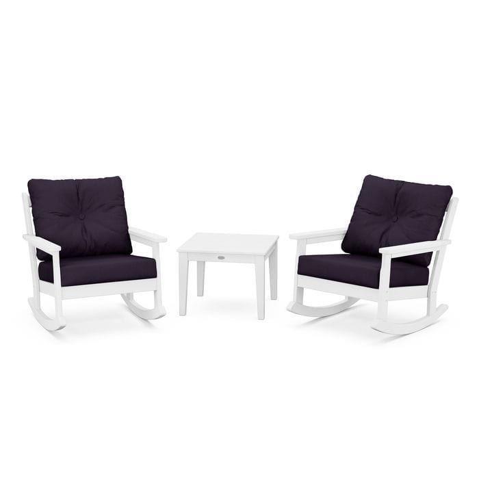 Polywood Polywood White / Navy Linen Polywood Vineyard 3-Piece Deep Seating Rocking Chair Set