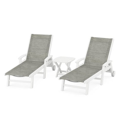 Polywood Polywood White / Onyx Polywood Coastal 3-Piece Wheeled Chaise Set with Nautical Side Table