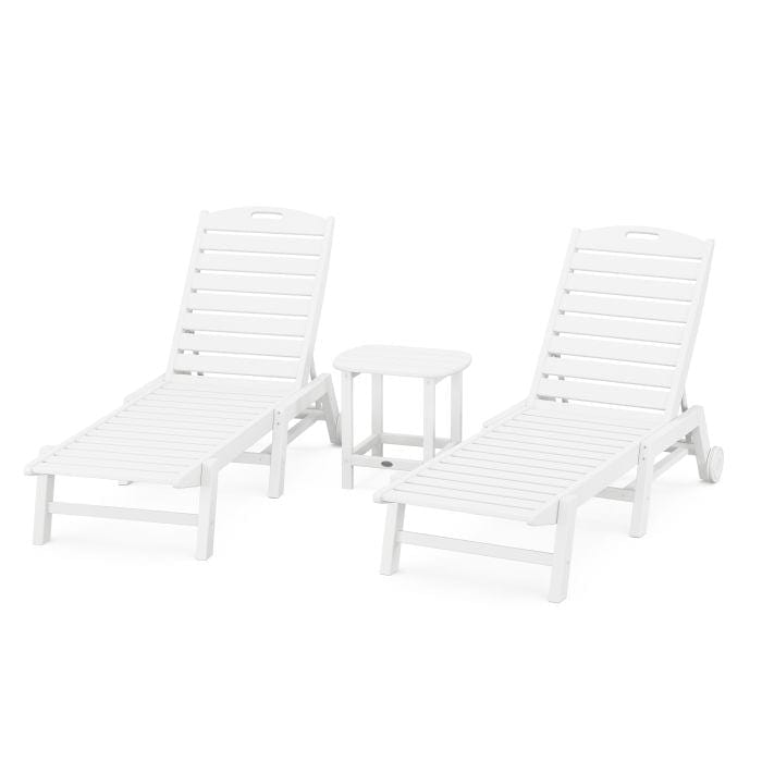 Polywood Polywood White Polywood Nautical 3-Piece Wheeled Chaise Set with South Beach 18&quot; Side Table
